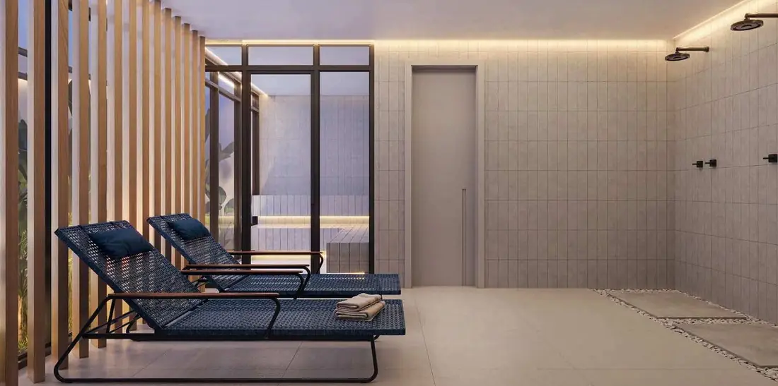 Área de repouso e sauna do Aqua Village Residence Club