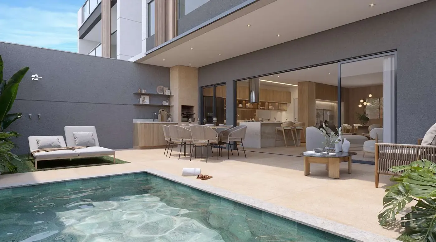 Piscina e área gourmet de uma casa do Barra Home Design