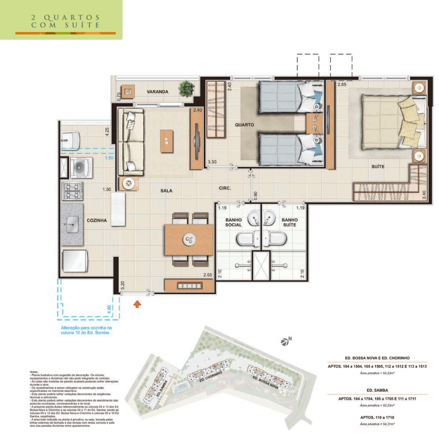 Planta baixa, 2 quartos com suíte, 53 m², Carioca Residencial