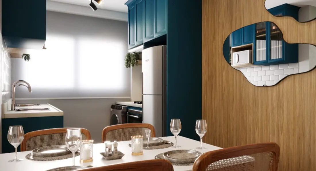 Cozinha e mesa de jantar do apartamento decorado do Elevato Bonsucesso