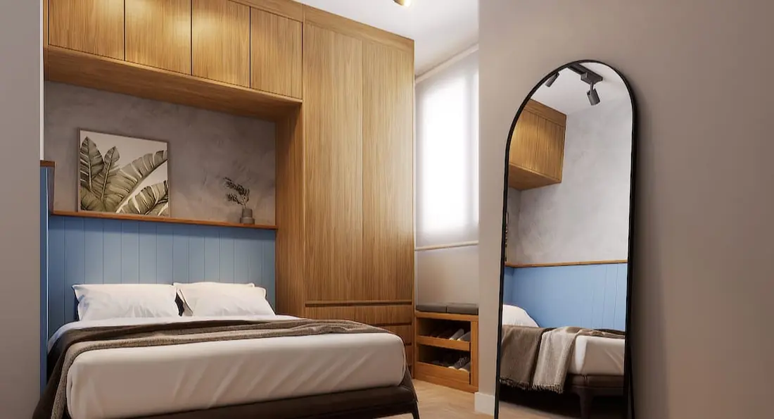 Quarto de casal do apartamento decorado do Elevato Bonsucesso