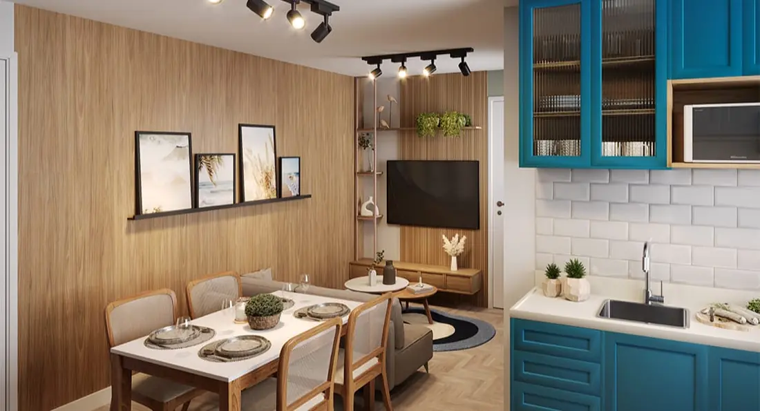 Sala com cozinha integrada do apartamento decorado do Elevato Bonsucesso