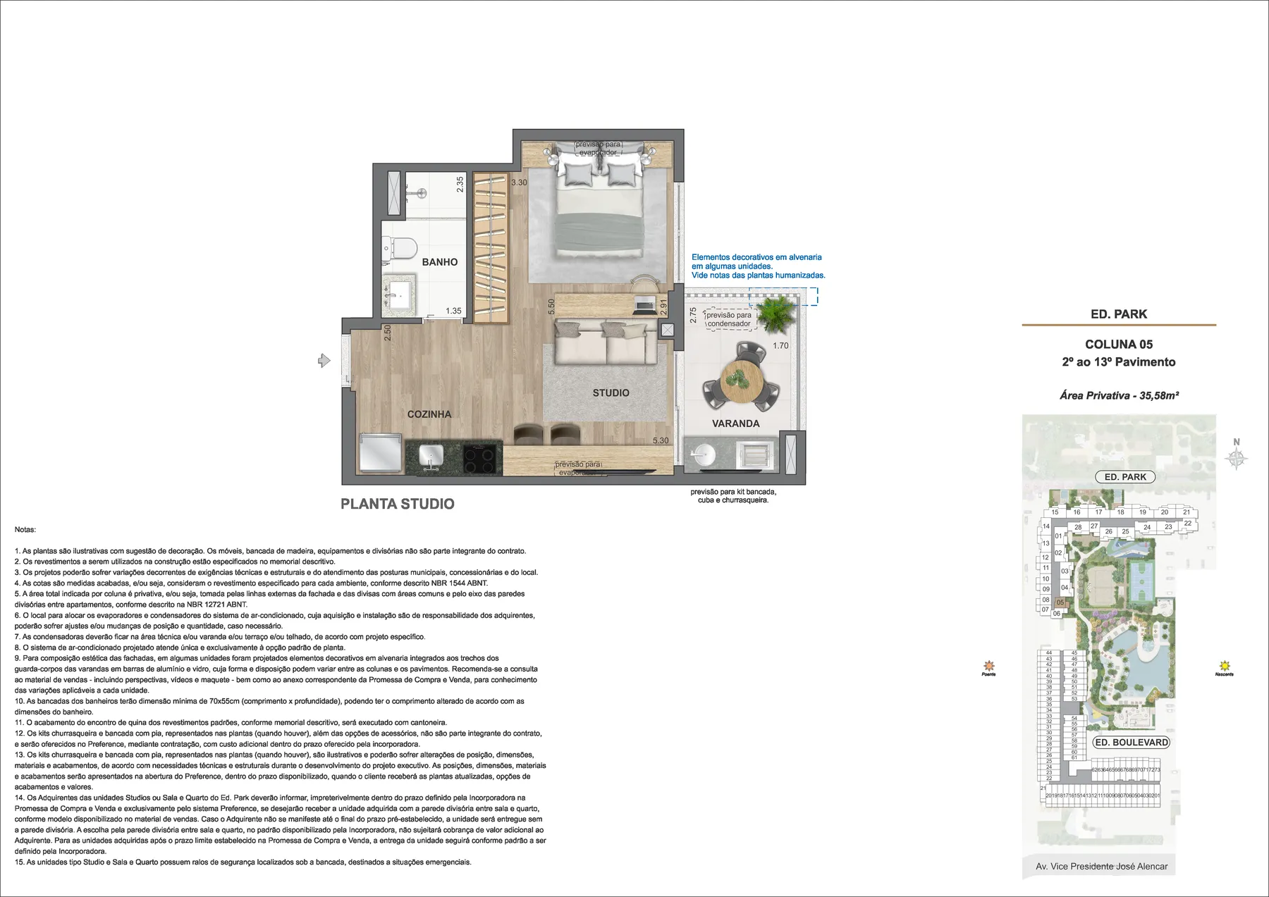 Planta de studio ou sala e quarto do In The Park Cidade Jardim, desenho 1