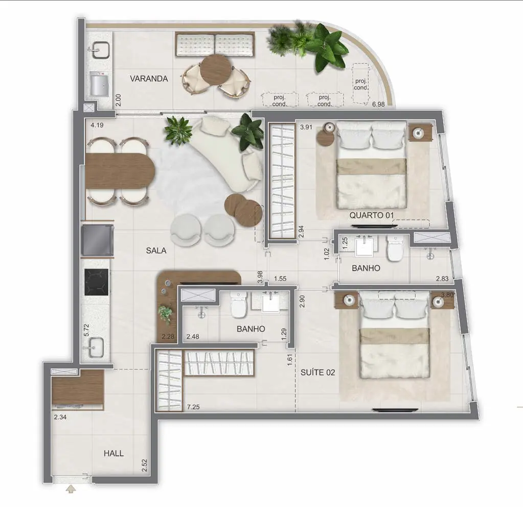 Planta do apartamento de 2 quartos do Lis Smart Living