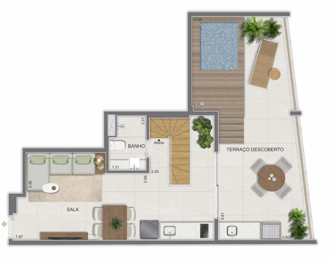 Planta do pavimento superior da cobertura duplex do Lis Smart Living