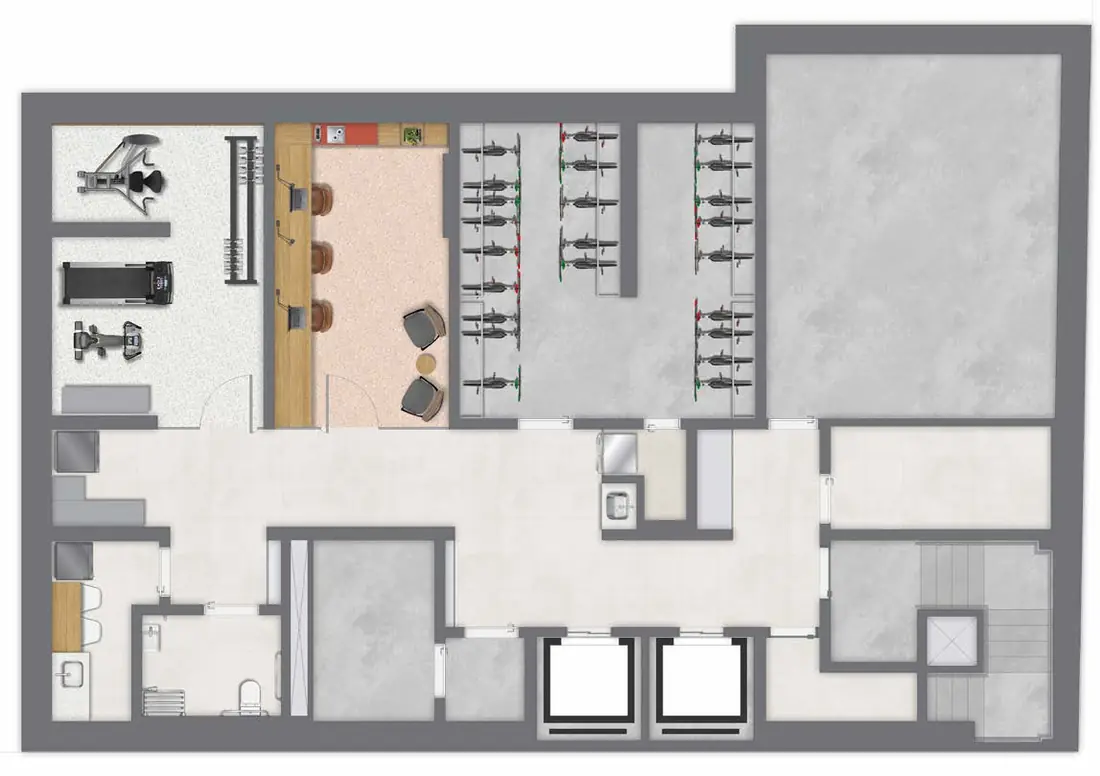 Planta do subsolo com academia, coworking e bicicletário do Lis Smart Living