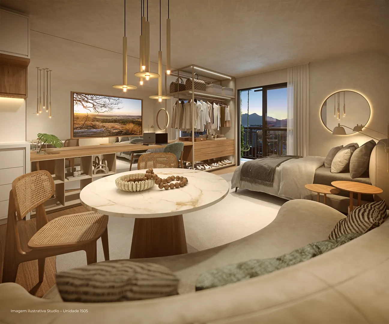 Ambiente integrado de estar, jantar e cama, em imagem ilustrativa do Living Full Imagine