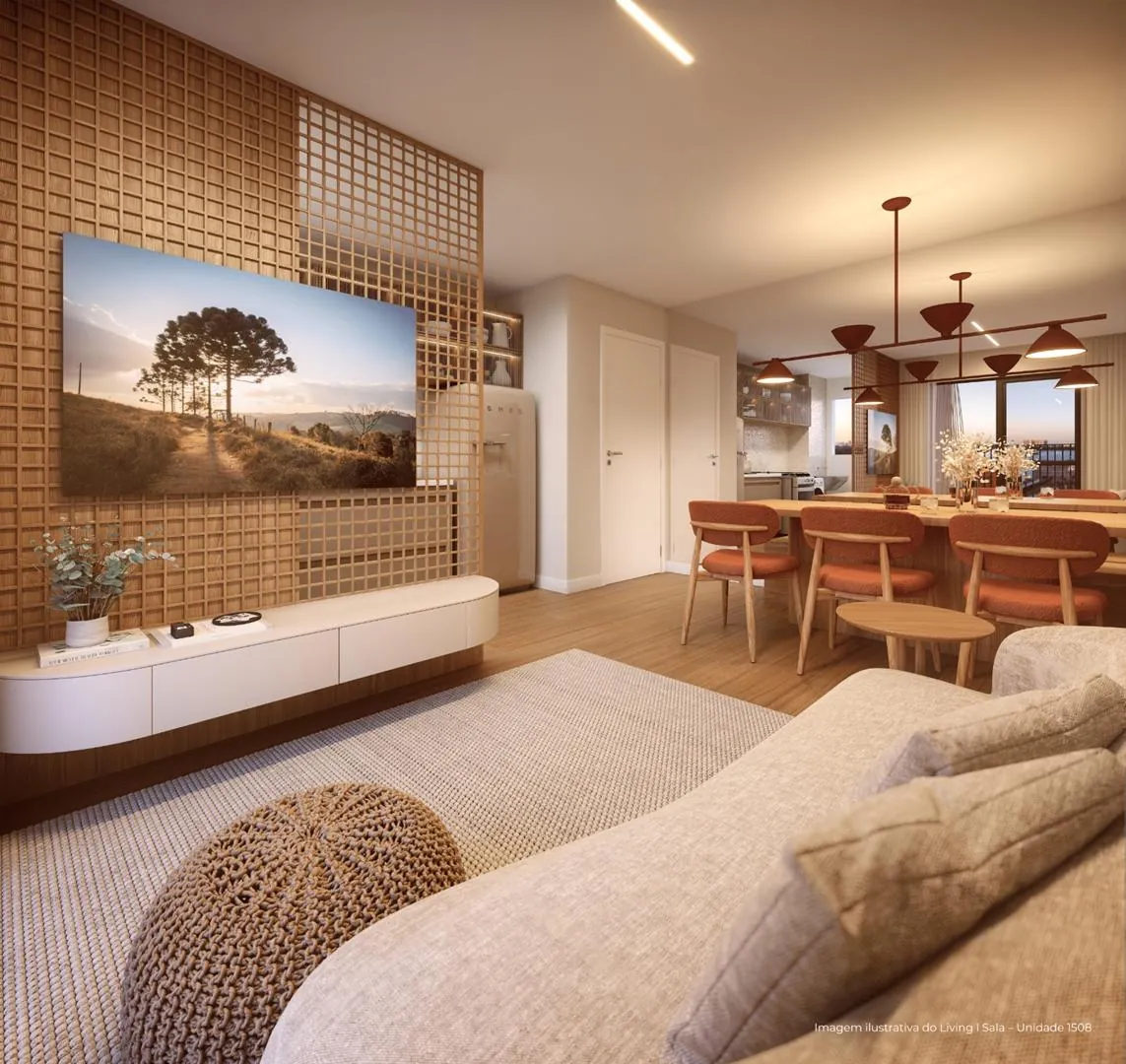 Sala de estar e jantar integradas, em imagem ilustrativa do Living Full Imagine