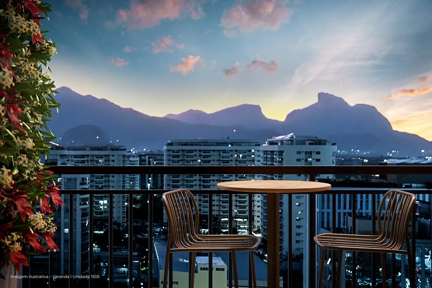 Varanda com mesa e cadeiras, em imagem ilustrativa do Living Full Imagine