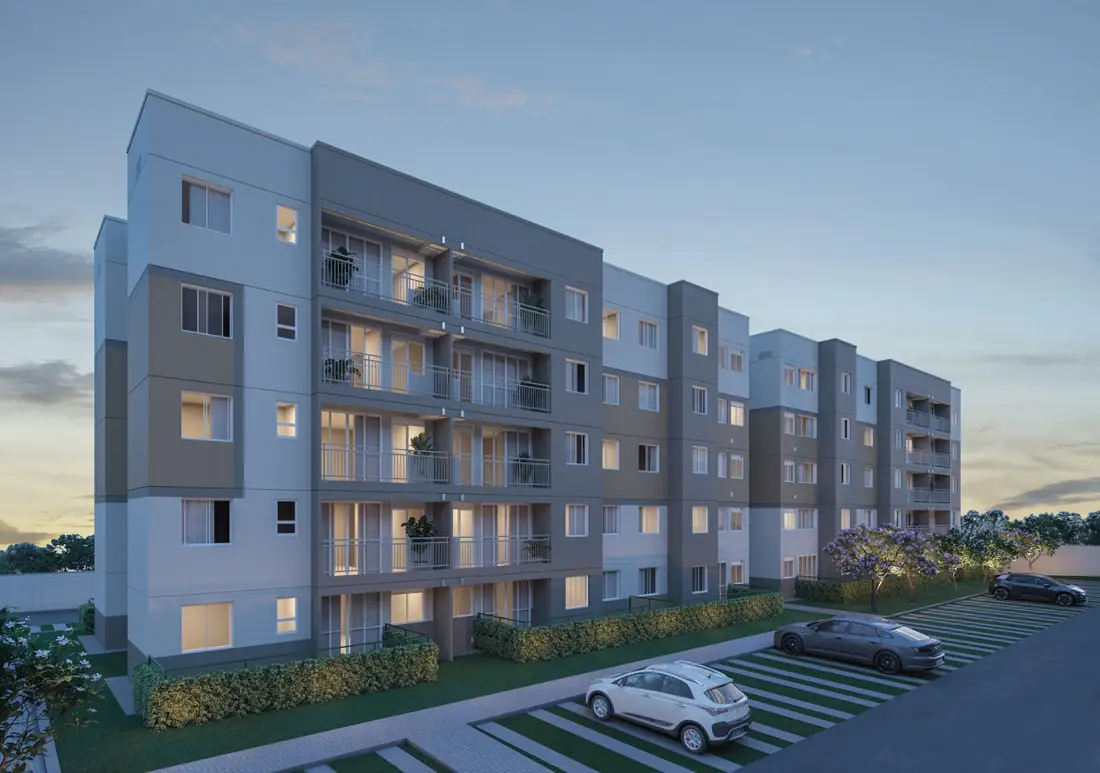 Fachada noturna do Residencial Laranjeiras