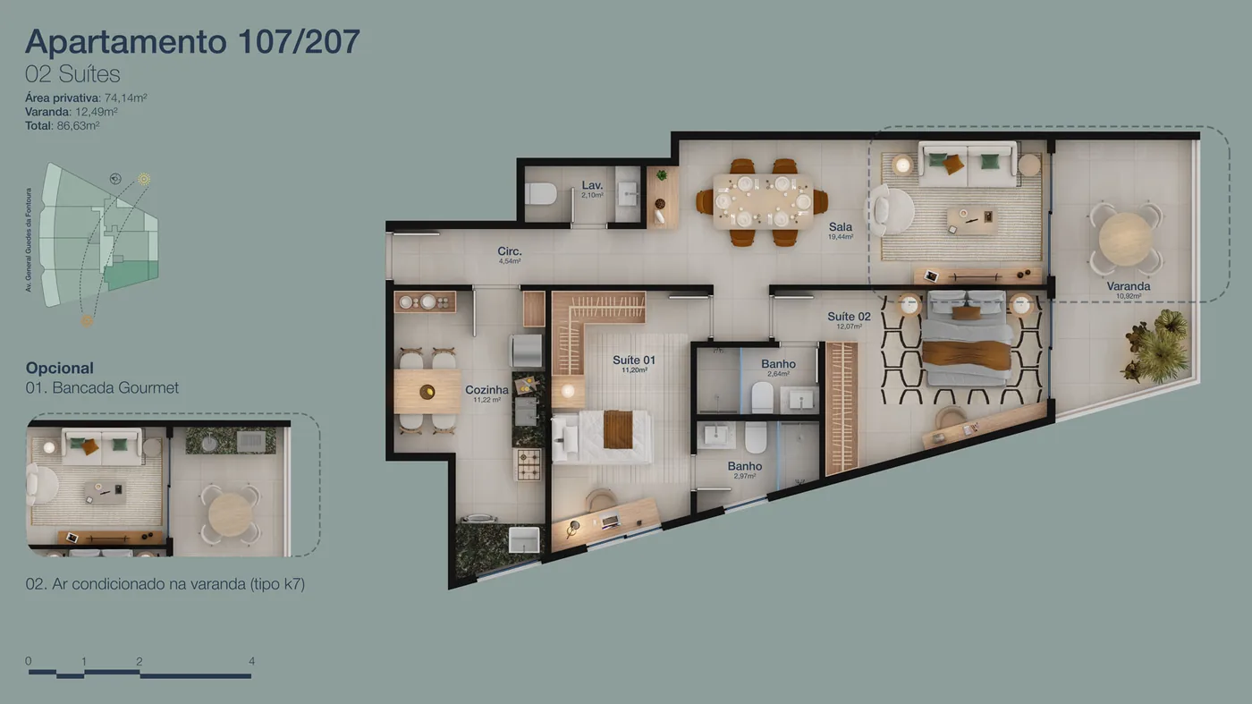 Planta do apartamento de 2 suítes do Panorama Jardim Oceânico