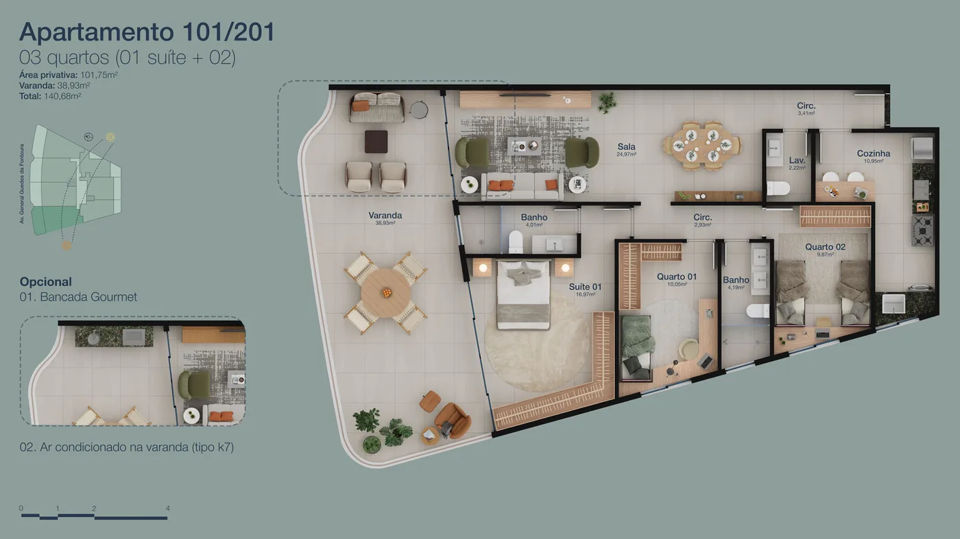 Planta do apartamento de 3 quartos do Panorama Jardim Oceânico