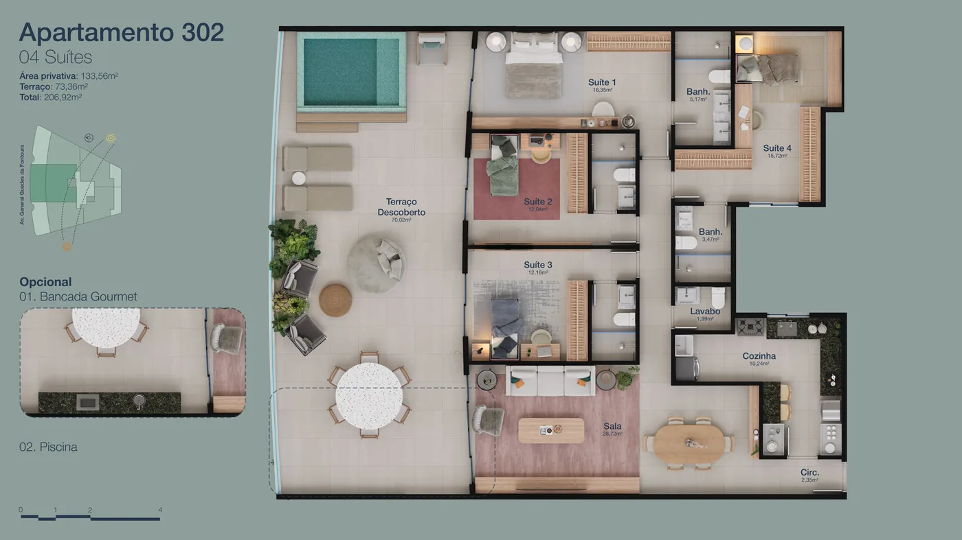 Planta da cobertura de 4 suítes do Panorama Jardim Oceânico