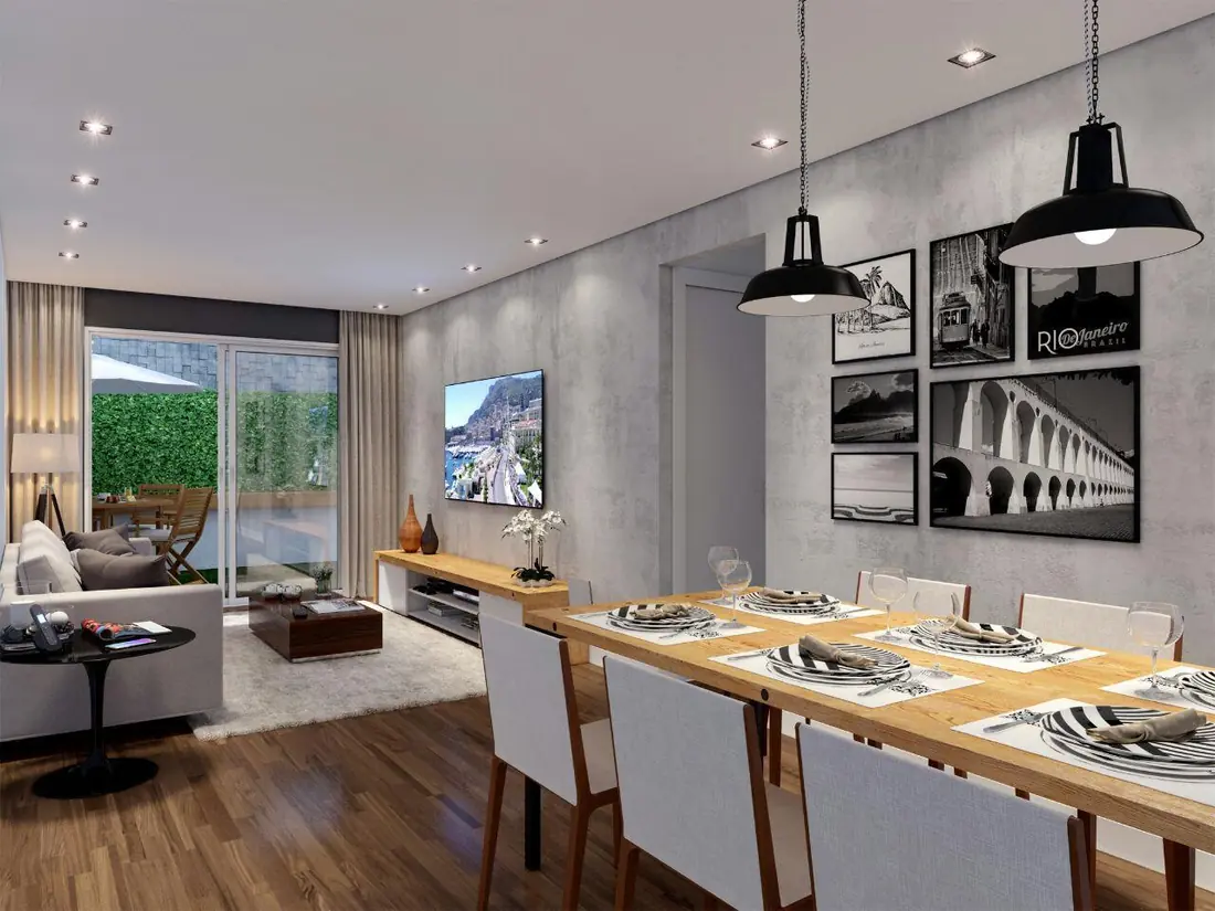 Sala de estar e jantar do apartamento decorado do Prime Tijuca