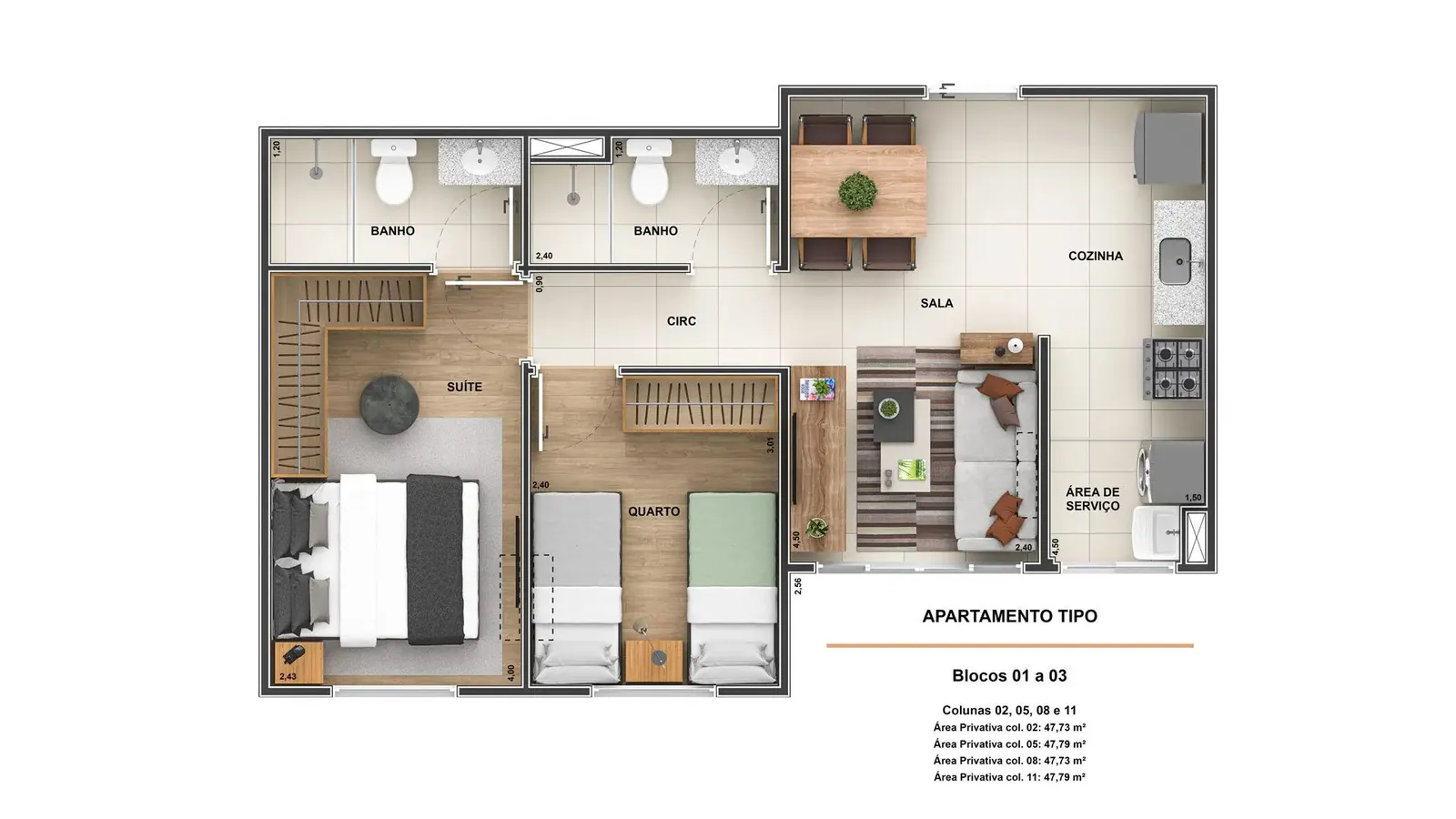 Planta tipo, 2 quartos (1 suíte) do Stillo Barra Residencial, 47,73 a 47,79 m²