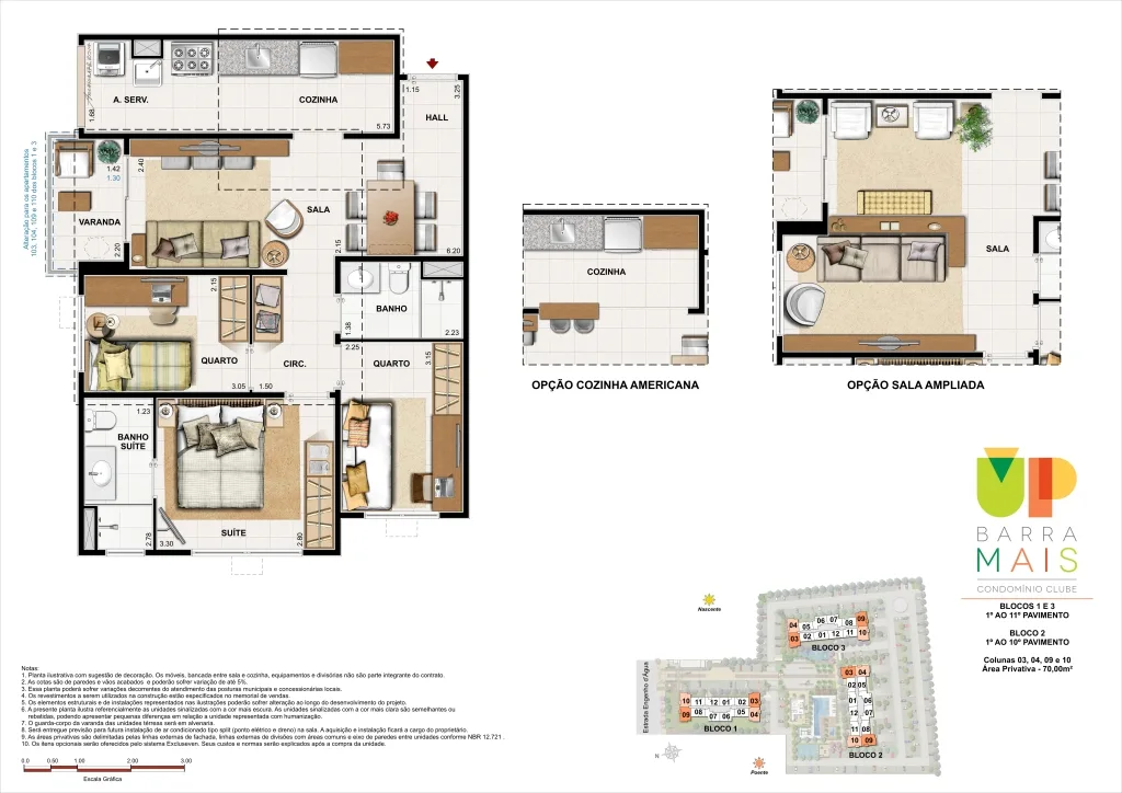 Planta do UP Barra Mais: 3 quartos 70 m²