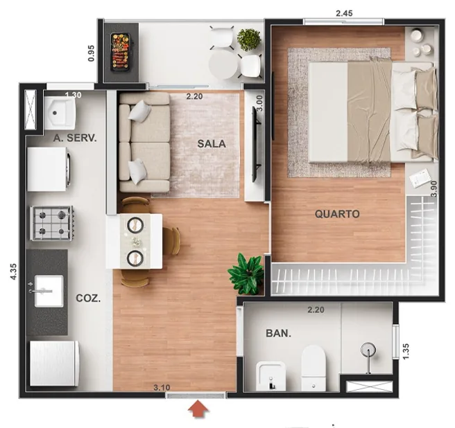 Planta de apartamento de 1 quarto com varanda do Vitale Walk
