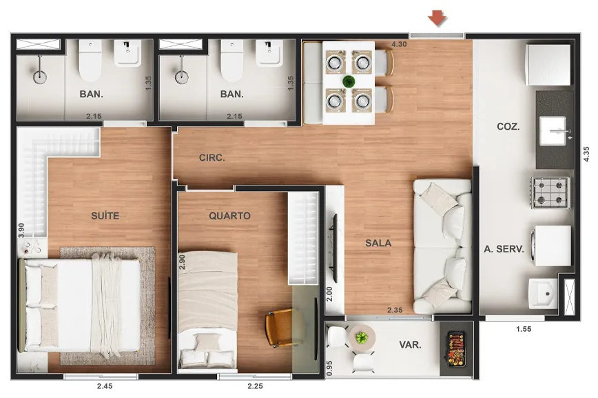 Planta de apartamento de 2 quartos com varanda do Vitale Walk