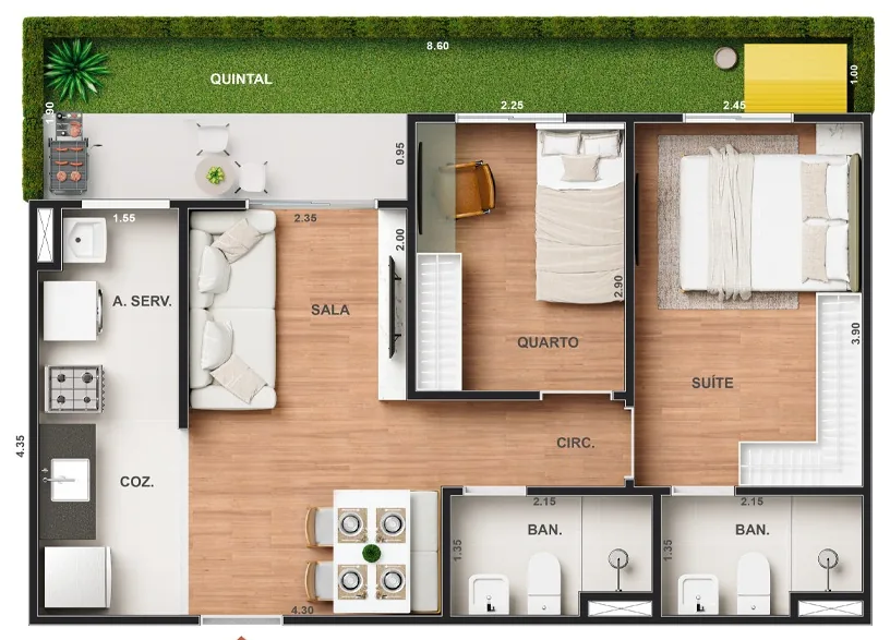 Planta de garden de 2 quartos com quintal do Vitale Walk