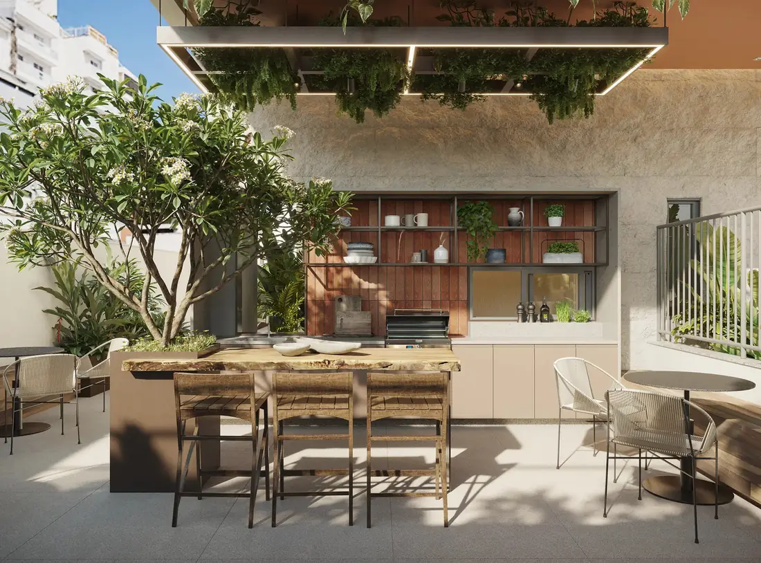 Espaço com churrasqueira do Zenture Residencial